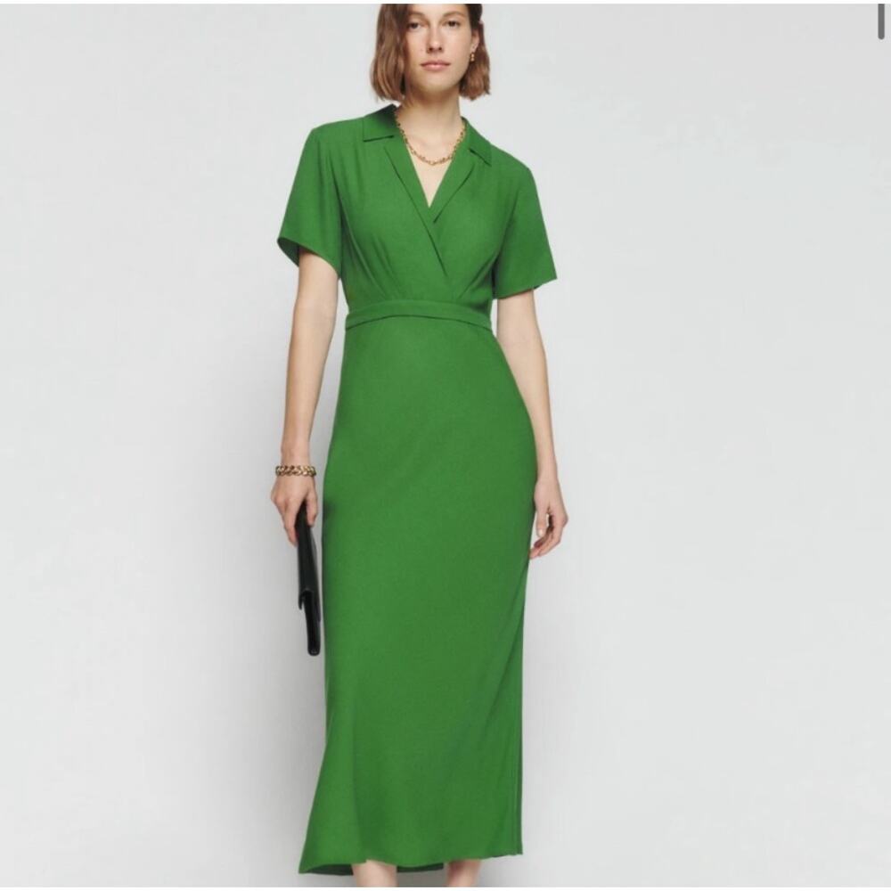 Reformation Green Midi Wrap Collar Dress